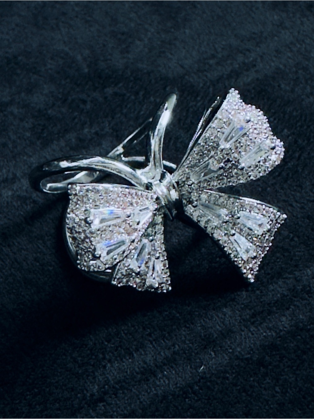 Silver Bow Scarf Ring with Clear Crystal Accents